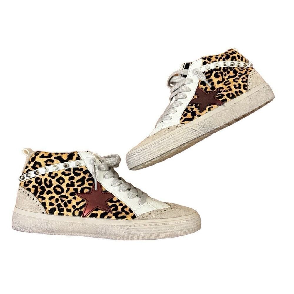ShuShop Paulina Mid Top Sneakers Leopard Burgundy Star Studded NEW Size 9